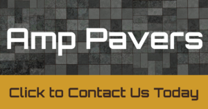 Amp Pavers Logo: White text on dark stones with bottom border bronze stripe and message "click to contact us today"