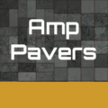 Amp Pavers Logo: White text on dark stones with bottom border bronze stripe